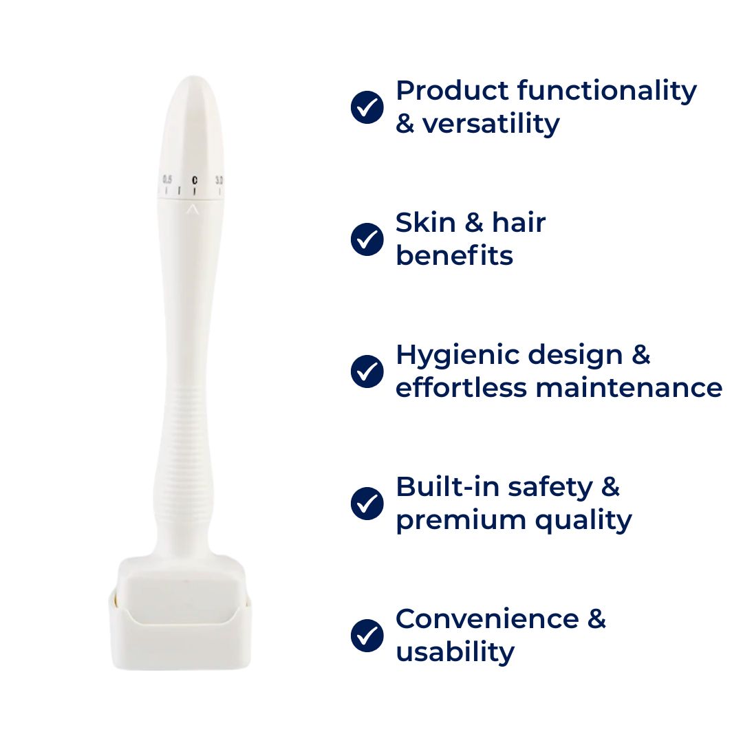 RevitaGlow | Microneedling Derma Stamp – Adjustable Depth – 140 Needles – Skin & Hair Rejuvenation