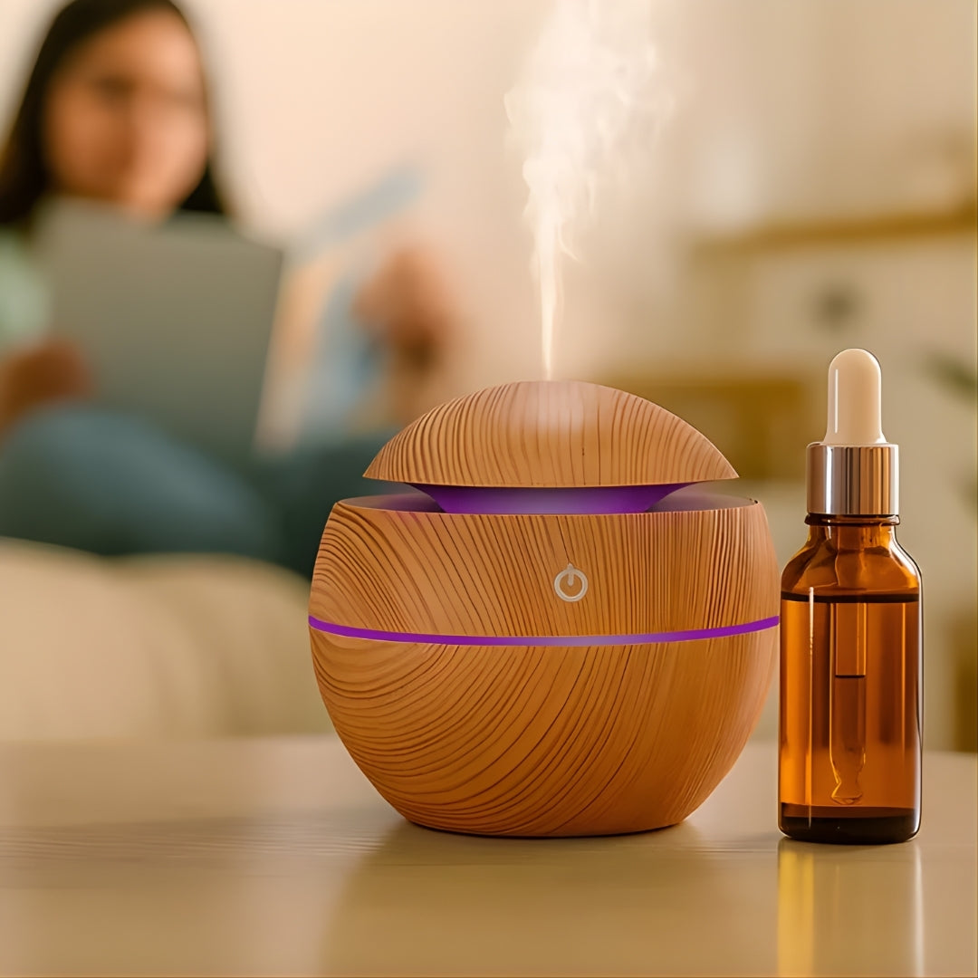 CalmaMist | Essential Oil Diffuser Humidifier – Gentle Quiet Mist & LED Night-Light – Wood Finish – Relieve Dry Air Improve Sleep Boost Comfort
