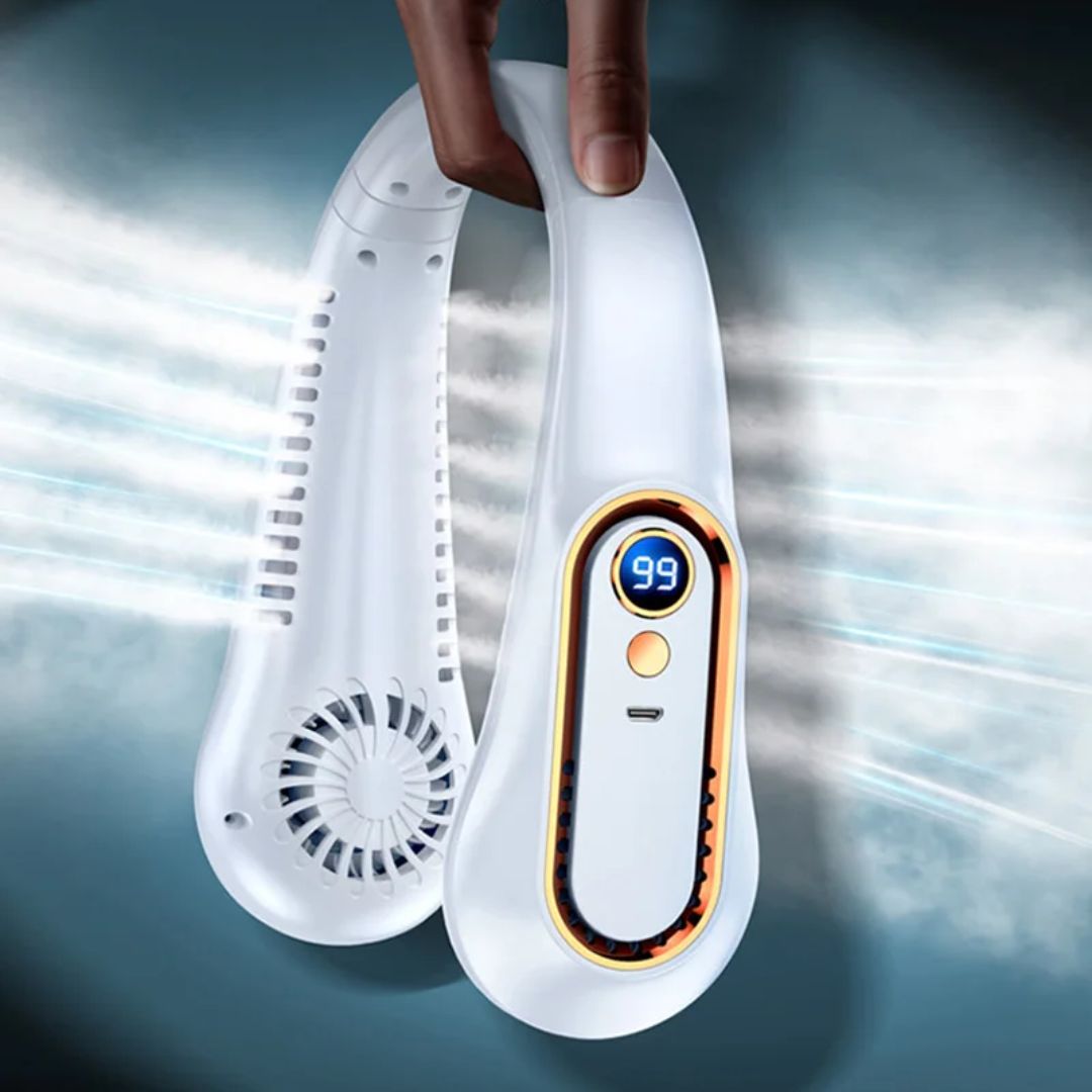 CoolEase | Portable Neck Fan – Hands‑Free Bladeless Cooling – Five‑Speed USB‑C – Travel Office Commuters