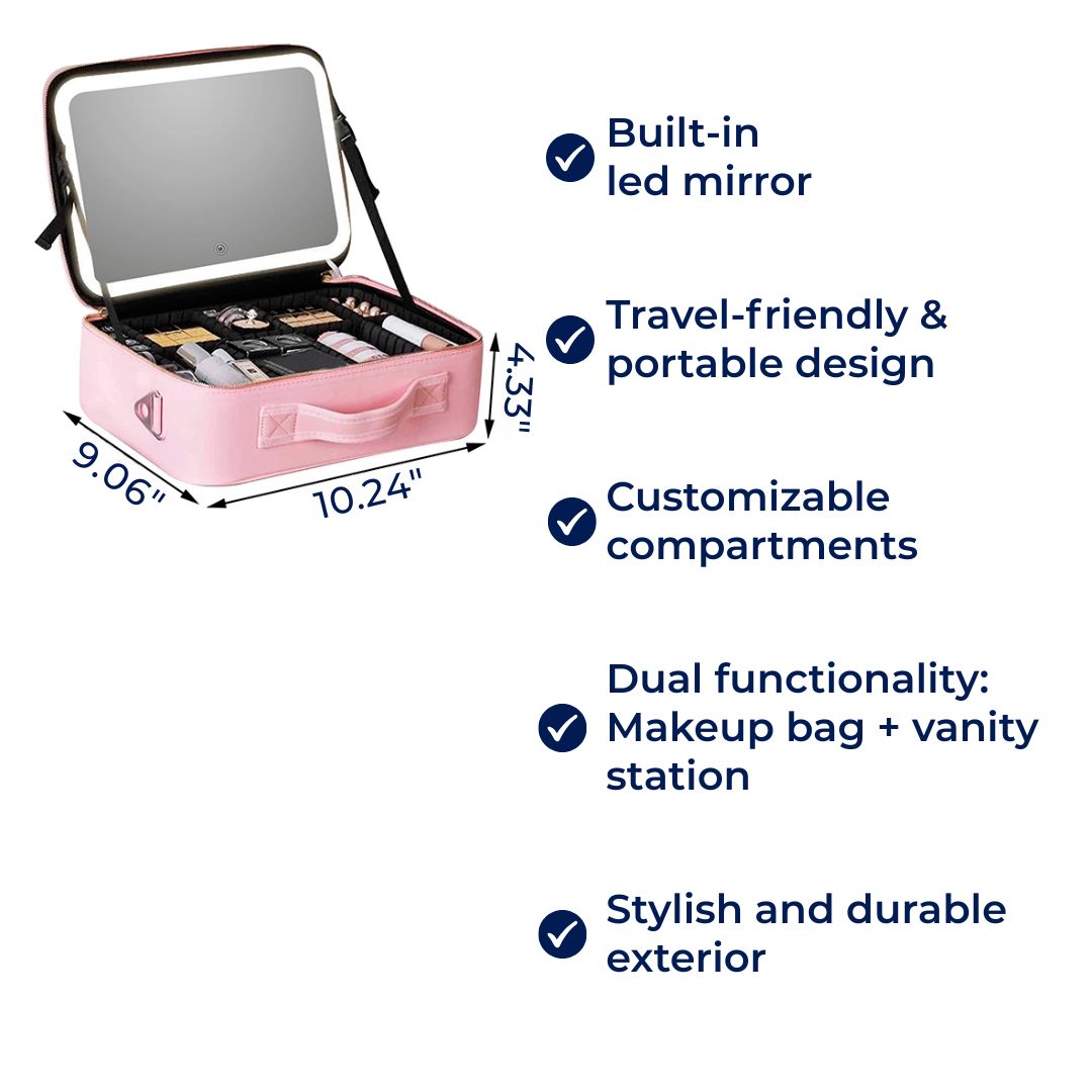 GlamOrganize | Makeup & Toiletry Bag - Cosmetic Organiser - LED Mirror - Compact Storage for Makeup and Skincare - Travel-Friendly