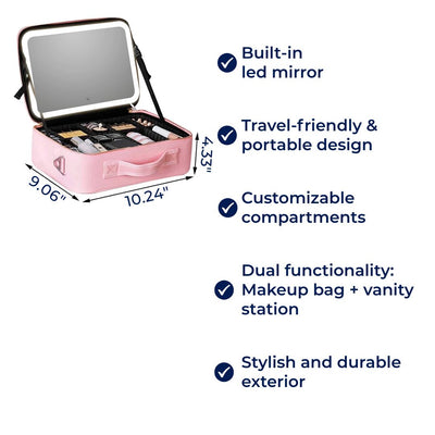 GlamOrganize | Makeup & Toiletry Bag - Cosmetic Organiser - LED Mirror - Compact Storage for Makeup and Skincare - Travel-Friendly