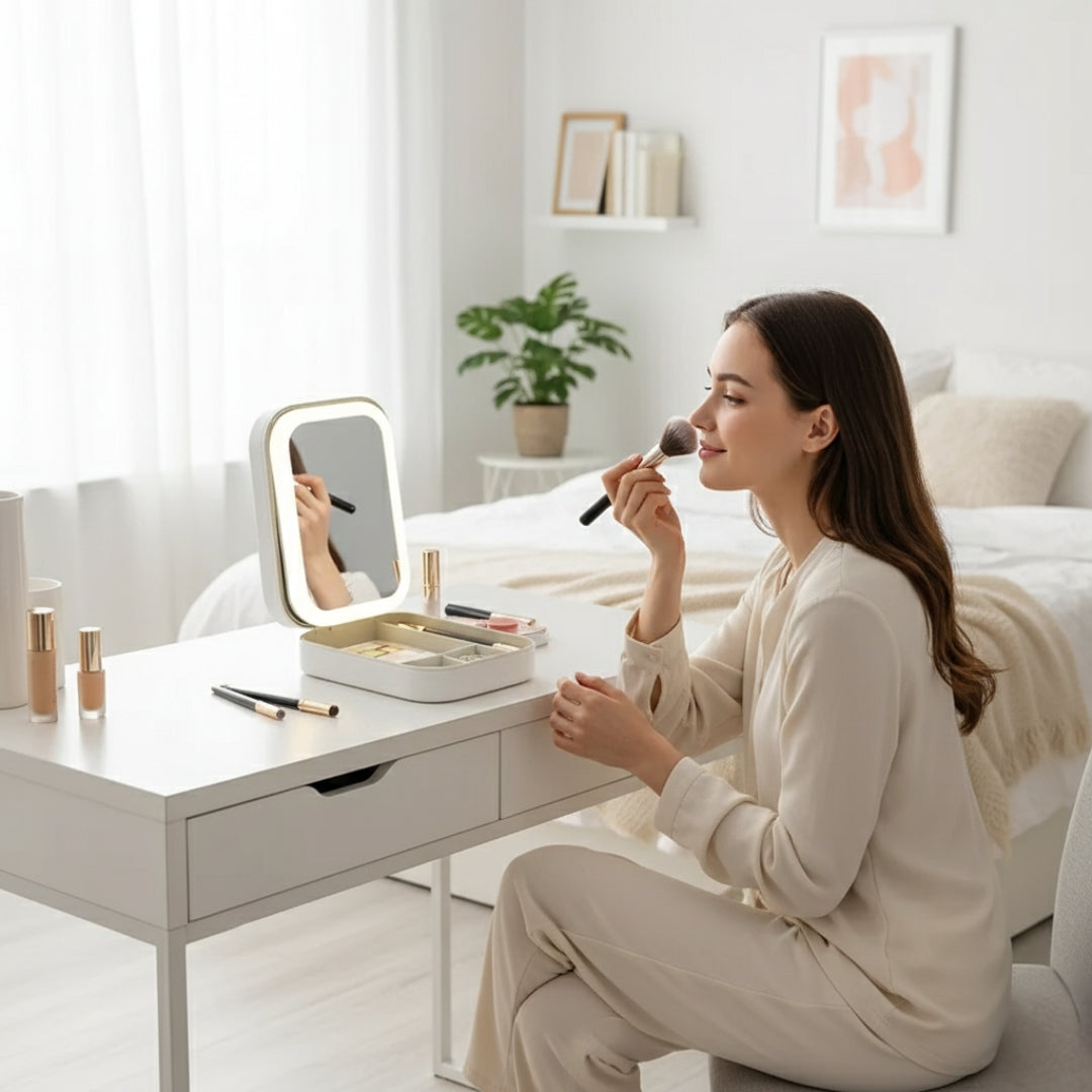 GlowSpace | Makeup Storage Box – LED Light Mirror – Adjustable Angle – Organiser for Beauty Lovers – Bright Lighting for Flawless Look