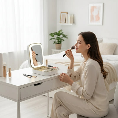 GlowSpace | Makeup Storage Box – LED Light Mirror – Adjustable Angle – Organiser for Beauty Lovers – Bright Lighting for Flawless Look