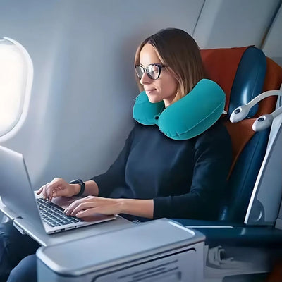 TravelThrive | Inflatable Travel Neck Pillow – Adjustable Firmness – Soft Velvet Cover – Neck Pain Relief – Compact for All Journeys