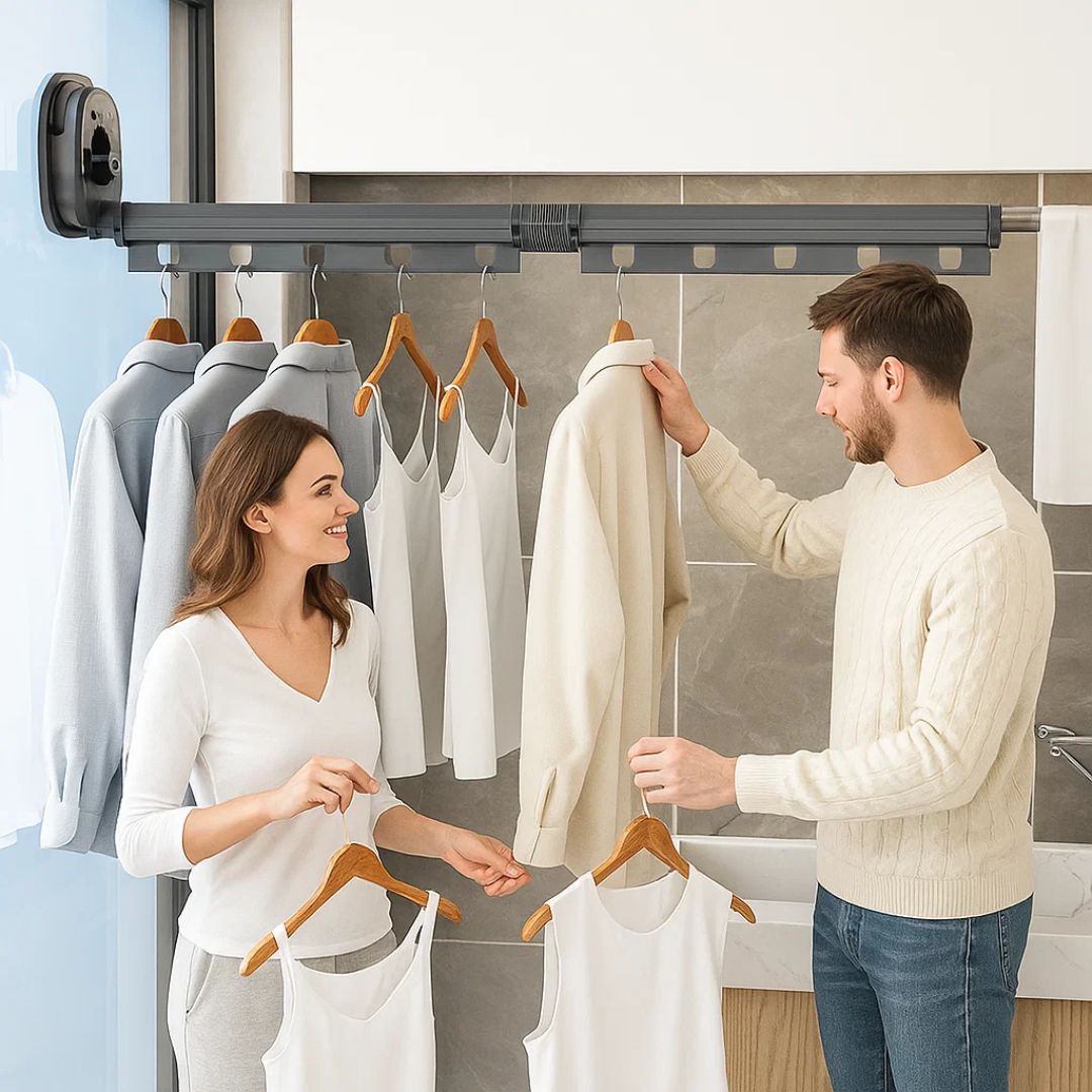 SpaceEase | Folding Clothes Hanger – Retractable Wall-Mounted Rack – Stainless Steel – Ideal for Small Spaces