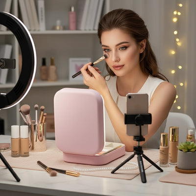 GlowSpace | Makeup Storage Box – LED Light Mirror – Adjustable Angle – Organiser for Beauty Lovers – Bright Lighting for Flawless Look