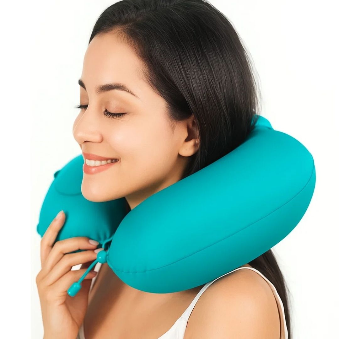 TravelThrive | Inflatable Travel Neck Pillow – Adjustable Firmness – Soft Velvet Cover – Neck Pain Relief – Compact for All Journeys