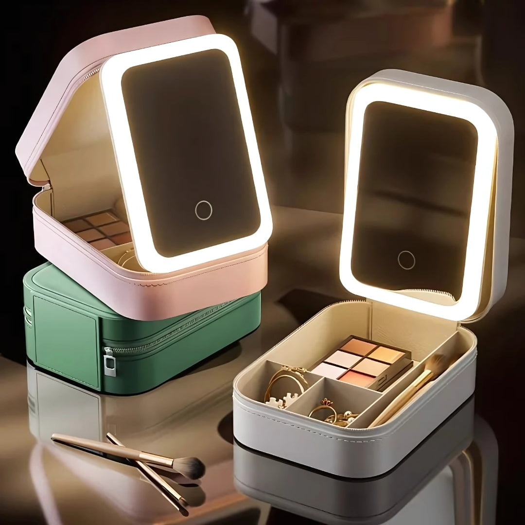 GlowSpace | Makeup Storage Box – LED Light Mirror – Adjustable Angle – Organiser for Beauty Lovers – Bright Lighting for Flawless Look