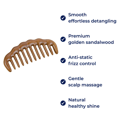 SandalSilk | Wooden Wide-Tooth Hair Comb – Breakage-Free Detangling – Golden Sandalwood – Anti-Static – Gentle Scalp Massage – Healthy Shine