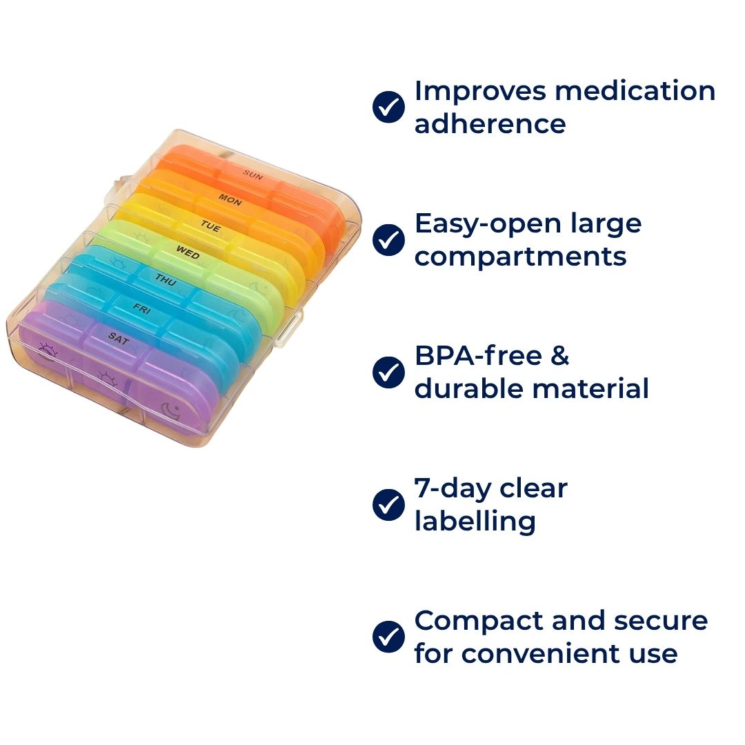 MediTrack | Weekly Pill Organizer – Improves Medication Adherence - Easy‑Open Large Compartments – BPA‑Free Durable – Travel & Seniors