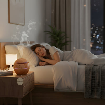 CalmaMist | Essential Oil Diffuser Humidifier – Gentle Quiet Mist & LED Night-Light – Wood Finish – Relieve Dry Air Improve Sleep Boost Comfort