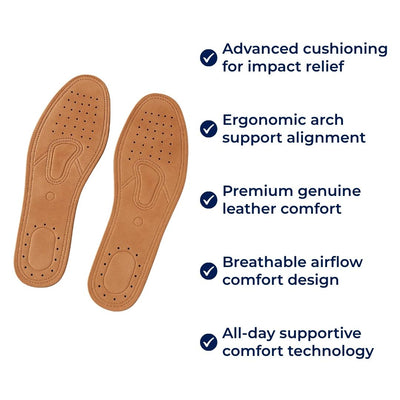 StrideGuard | Shock Absorbing Leather Insoles – Foot & Heel Pain Relief – Genuine Leather Arch Support – All-Day Standing & Walking