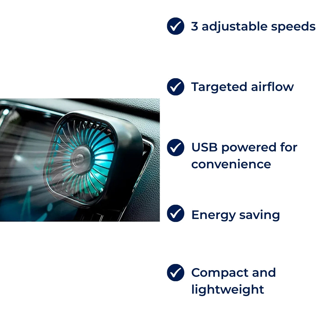 CoolGlow | USB Car Fan – 3-Speed Cooling – Colour-Changing LED Lights – Soft Rubber Vent Clip – Drivers & Passengers Summer Comfort