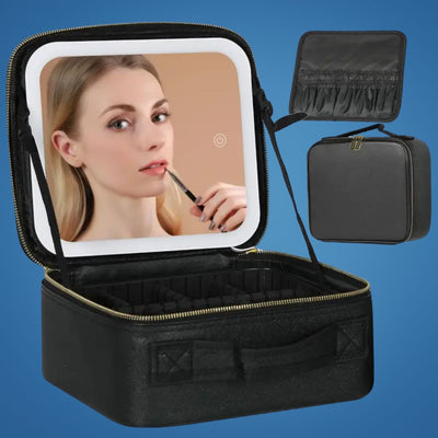 GlamOrganize | Makeup & Toiletry Bag - Cosmetic Organiser - LED Mirror - Compact Storage for Makeup and Skincare - Travel-Friendly