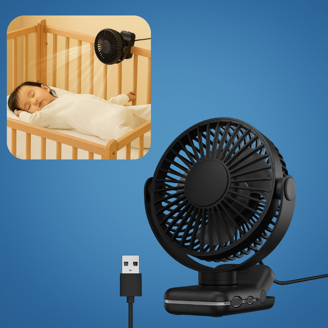 Clipbreeze | Clip-on USB Desk Fan Clamp Air Circulator – Long-Battery Cooling – Flame-Retardant Clamp – Quiet Nursery or Home-Office Use