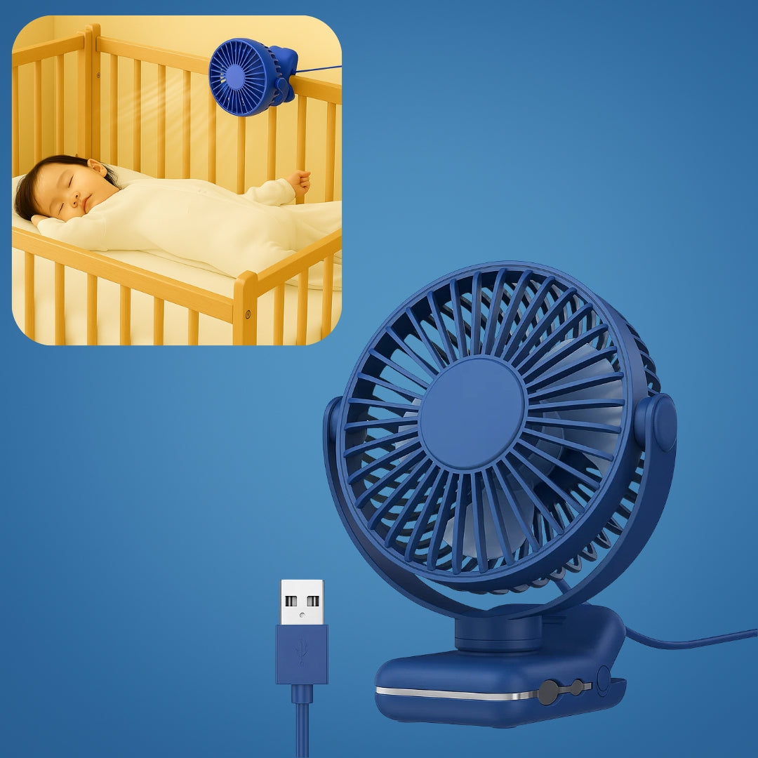 Clipbreeze | Clip-on USB Desk Fan Clamp Air Circulator – Long-Battery Cooling – Flame-Retardant Clamp – Quiet Nursery or Home-Office Use
