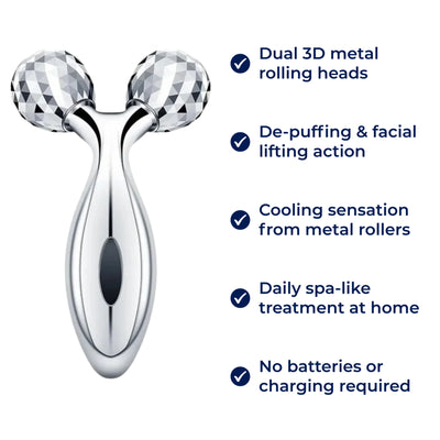 GlowRoller | Face Roller Massager – Depuffing & Lift – Metal Rolling Heads – Daily Spa Facial