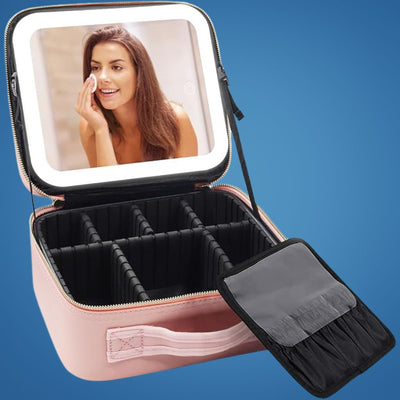GlamOrganize | Makeup & Toiletry Bag - Cosmetic Organiser - LED Mirror - Compact Storage for Makeup and Skincare - Travel-Friendly