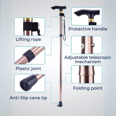 StrideAid Folding Telescopic Walking Stick | Adjustable Cane - Ergonomic Handle - Non-Slip Tip for Mobility Support