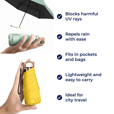 UrbanBrolly | Mini UV Folding Umbrella – UPF 50+ Sun Protection – Water‑Repellent – Lightweight Pocket‑Size Travel Use