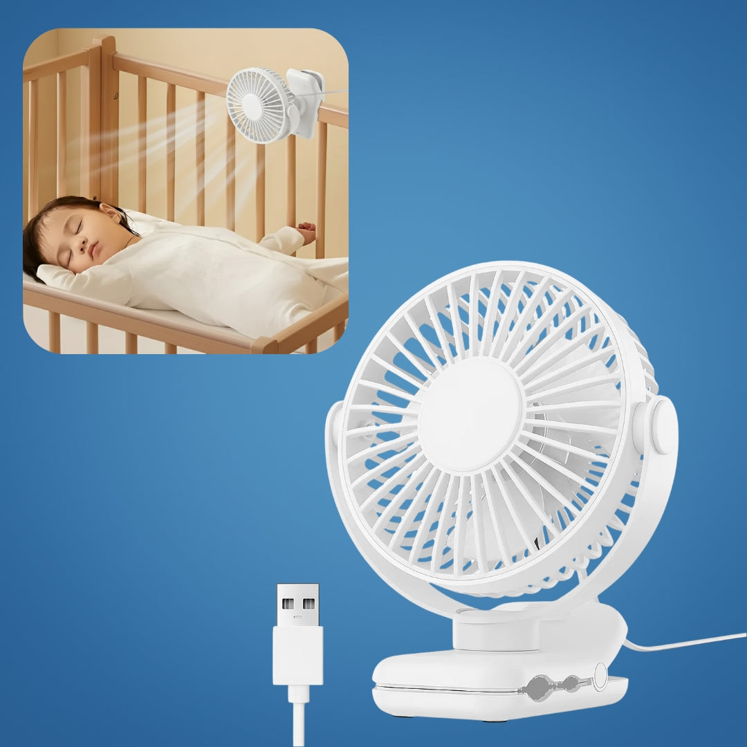 Clipbreeze | Clip-on USB Desk Fan Clamp Air Circulator – Long-Battery Cooling – Flame-Retardant Clamp – Quiet Nursery or Home-Office Use