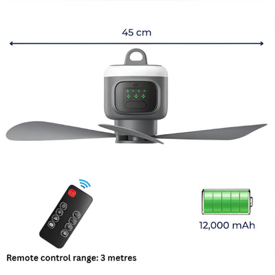 AirGlide | Portable Remote-Control Ceiling Fan with Light – Battery-Powered 30h – Quiet Cooling Comfort – Ideal for Home Camping Travel