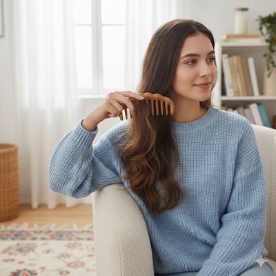 SandalSilk | Wooden Wide-Tooth Hair Comb – Breakage-Free Detangling – Golden Sandalwood – Anti-Static – Gentle Scalp Massage – Healthy Shine