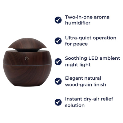 CalmaMist | Essential Oil Diffuser Humidifier – Gentle Quiet Mist & LED Night-Light – Wood Finish – Relieve Dry Air Improve Sleep Boost Comfort
