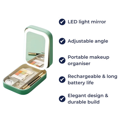 GlowSpace | Makeup Storage Box – LED Light Mirror – Adjustable Angle – Organiser for Beauty Lovers – Bright Lighting for Flawless Look