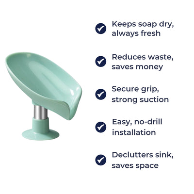 LeafDry | Self-Draining Soap Holder – Keep Soap Dry – Strong Suction Cup – No Drill Mount – Hygienic Bathroom & Shower Storage Solution